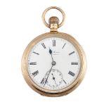 A 9ct gold open face keyless pocket watch by A. L. Meader, the white enamel dial with Roman numerals