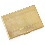 A 9ct gold cigarette case, of engine turned rectangular form, the interior with inscription dated