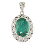 An emerald and diamond pendant, the oval emerald within a brilliant-cut diamond pierced surround and