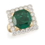 An emerald and diamond cluster ring, the cushion shaped emerald in four-claw mount to a brilliant-