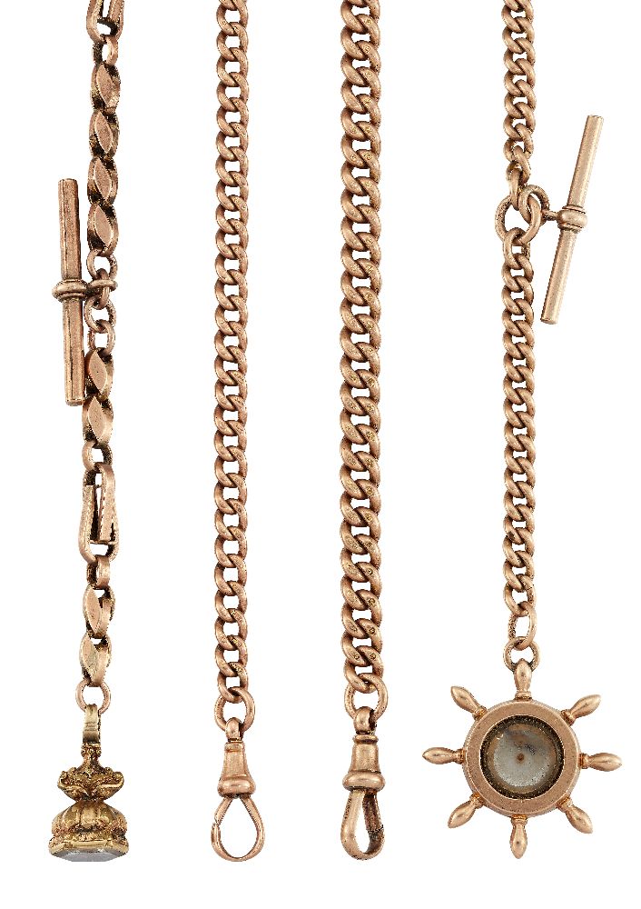 Four late 19th/early 20th century 9ct gold watch chains, three of curb link and one of fancy link