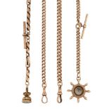 Four late 19th/early 20th century 9ct gold watch chains, three of curb link and one of fancy link