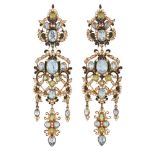 A pair of enamelled blue topaz, peridot and seed pearl drop earrings, probably by Percossi Papi, (