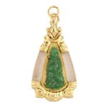 A jadeite jade and rock crystal pendant, the shaped triangular pendant with a single jade carved