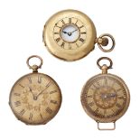 Three 19th century gold fob watches, comprising a Swiss gold demi hunter pocket watch, the white