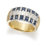 A sapphire and diamond half-hoop ring, the central line of baguette-cut diamonds between single