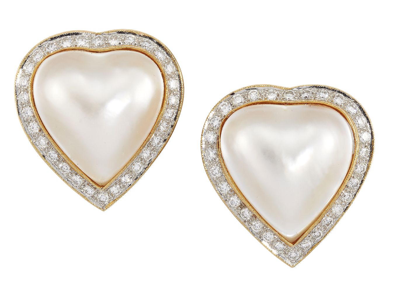 A pair of cultured pearl and diamond earclips, the heart-shaped mabe cultured pearl centres to a