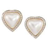 A pair of cultured pearl and diamond earclips, the heart-shaped mabe cultured pearl centres to a