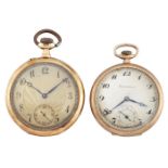 An early 20th century gold open face keyless pocket watch and a 9ct gold open face pocket watch, the