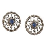 A pair of sapphire, diamond and coloured diamond oval cluster earstuds, each designed as a central