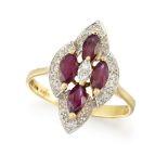 An 18ct gold, ruby and diamond ring, the marquise cluster composed of four marquise-cut rubies