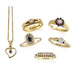 A group of five diamond and gem-set rings and an 18ct Italian gold heart shaped pendant and chain,