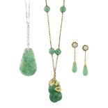 Two jade pendent necklaces and a pair of opal and jade earrings, the first necklace with jade