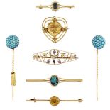 A group of jewellery comprising a citrine heart brooch with half-pearl accents, four bar brooches,