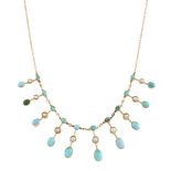 An Edwardian turquoise and pearl fringe necklace, the fine link chain suspending ten graduating