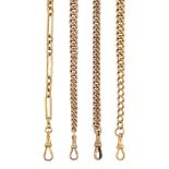 Four late 19th/early 20th century 9ct gold watch chains, three of curb link design and one of fetter