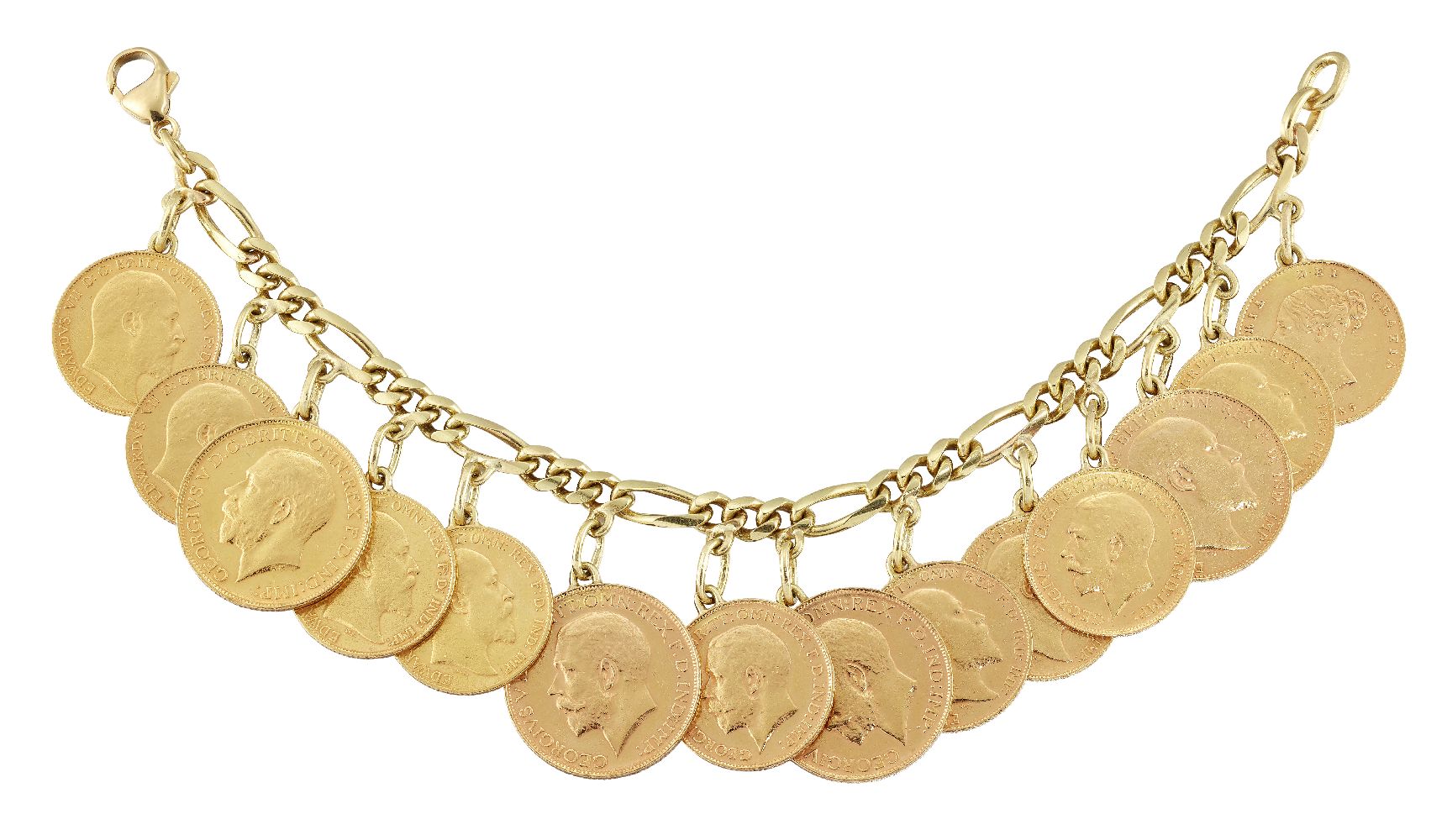 A figaro link coin bracelet, stamped 750, suspending four pendant mounted sovereigns and ten half