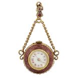 An early 20th century gold and enamel ball pendant watch, the white enamel dial with red Arabic