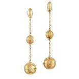 A pair of double orb drop earrings, by Bucherer, the elliptical-shaped tops suspending one lobed orb