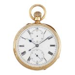 A late 19th/early 20th century gold keyless chronograph pocket watch, the white enamel dial with
