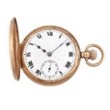 A 9ct gold hunter case keyless pocket watch, the white enamel dial with Roman numerals and