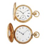 Two 18ct gold demi-hunter case keyless wind fob watches, the first with white enamel dial with