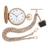 A 9ct gold hunter case pocket watch, the rounded white enamel dial with Arabic numerals, blued steel