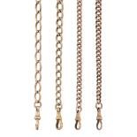 Four late 19th/early 20th century 9ct gold watch chains, two of curb and two of cable link design,