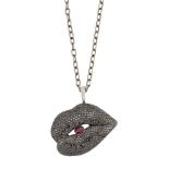 A ruby, diamond and coloured diamond 'Lips' pendant, by Gavello, designed as lips set with pave-