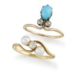 Two Edwardian, diamond and gem rings, the first a diamond and pearl crossover ring, the old