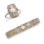 An early 20th century pearl and diamond brooch and an imitation pearl and diamond ring, the single