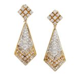 A pair of diamond pendant earrings, the brilliant, baguette and single-cut diamond domed kite shaped