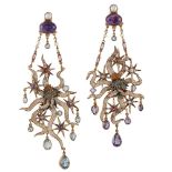 A pair of amethyst, blue topaz, iolite and pearl earrings by Percossi Papi, the cabochon amethyst