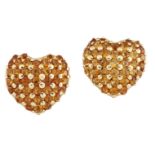 A pair of citrine heart earrings, of rounded heart form, each designed as a lattice of circular-