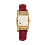 An 18ct gold and coloured diamond automatic dual time wristwatch by De Grisogono, the square cream