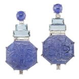 A pair of tanzanite, aquamarine and diamond earrings, the floral carved octagonal tanzanite plaque