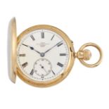 An 18ct gold hunter case keyless pocket watch by Dent, the white enamel dial with Roman numerals and