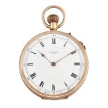 A 9ct gold open face keyless chronograph pocket watch by John Russel, the white enamel dial with