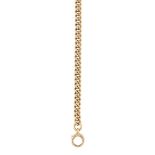 An 18ct gold watch chain, of curb link design with clip and loop terminals, length 39.5cmPlease