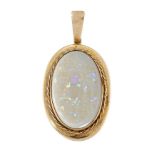 An opal pendant, the single oval white opal in collet mount with ropework border, length including