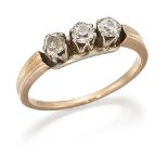 A diamond three stone ring, of half-hoop design, composed of three old-brilliant-cut diamonds, to
