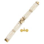 A diamond and sapphire cultured pearl bracelet and a gold runic pendant, the bracelet composed of