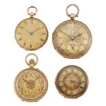 Four 19th century gold open face fob watches, the comprising: an 18ct gold open face fobwatch, the
