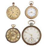 Three gold fob watches and a gilt open face pocket watch, including two keyless lever fob wathes