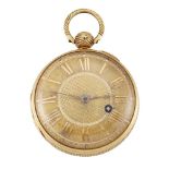 An early 19th century 18ct gold fob watch, the gold engine-turned dial with applied Roman