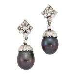 A pair of black cultured pearl and diamond earrings, the drops designed as stylised acorns, each