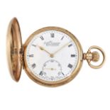 A 9ct gold hunter case keyless pocket watch by H Samuel, the white enamel dial with Roman numerals
