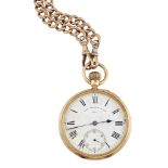 An 18ct gold open face keyless pocket watch by Ellis Depree & Tucker, the white enamel dial with