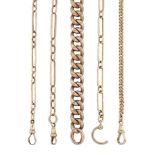 Two early 20th century 15ct gold fetter and three link watch chains, together with a 9ct gold curb