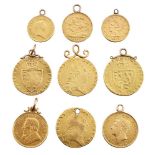 A group of nine pendant mounted gold coins, comprising: four George III spade guineas,1793,1797,